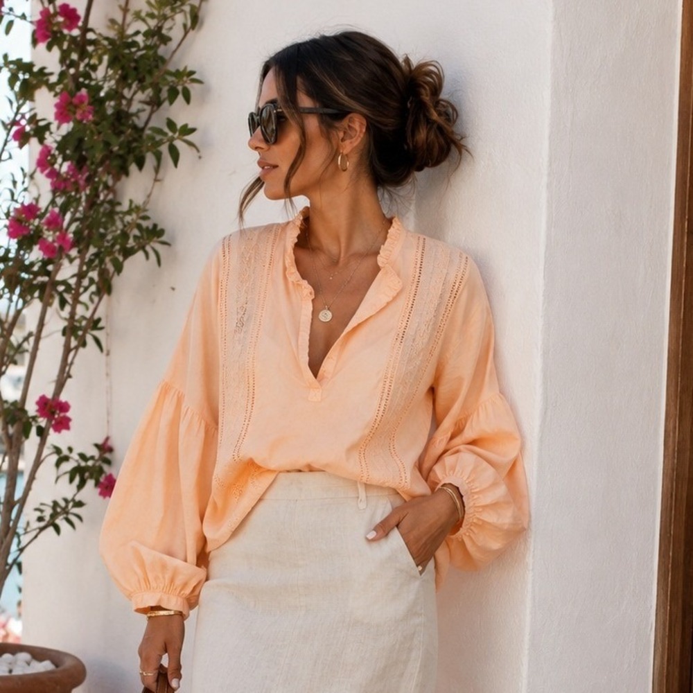 ana a new approach Peach 100% Cotton Eyelet Lace Balloon Sleeve Boho Blouse L